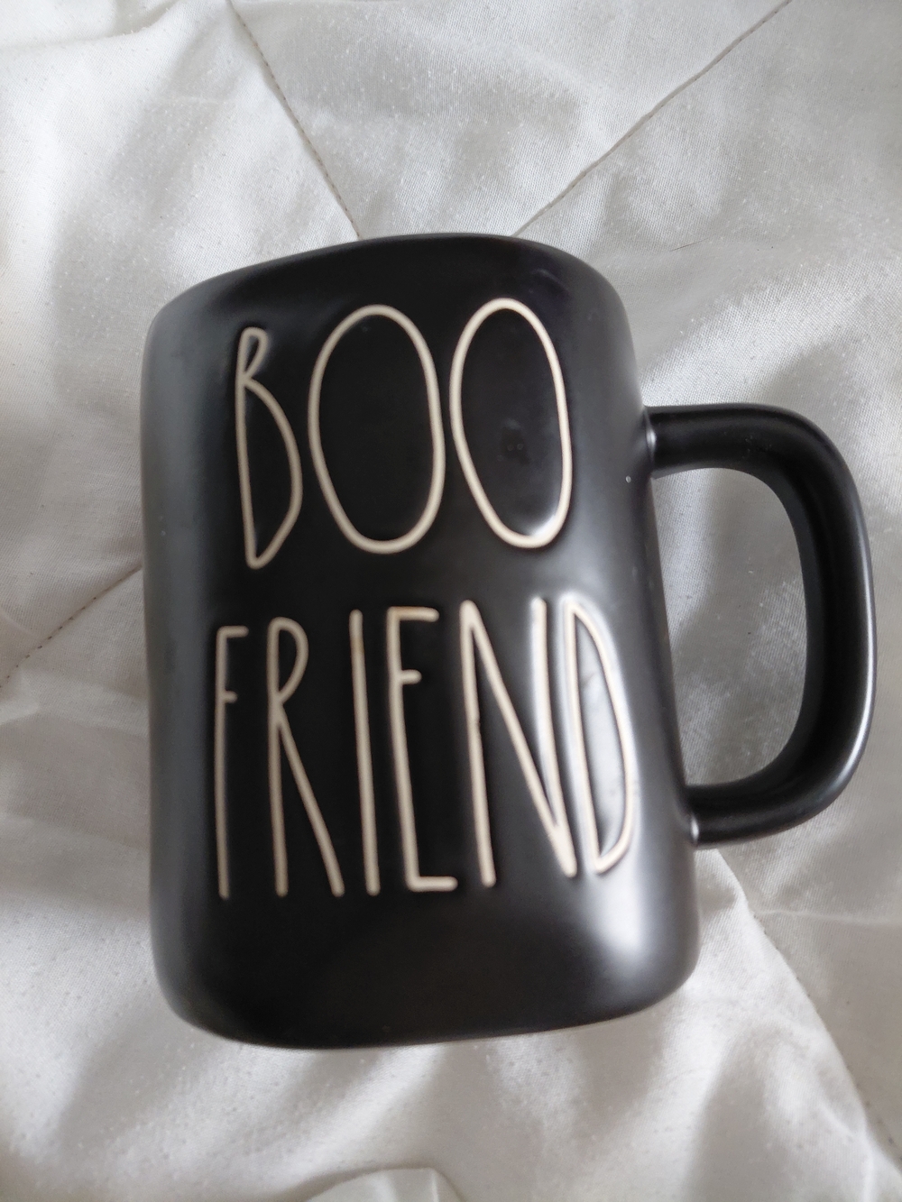Rae Dunn Black Ceramic Mug with Cream Raised 'BOO FRIEND' Lettering